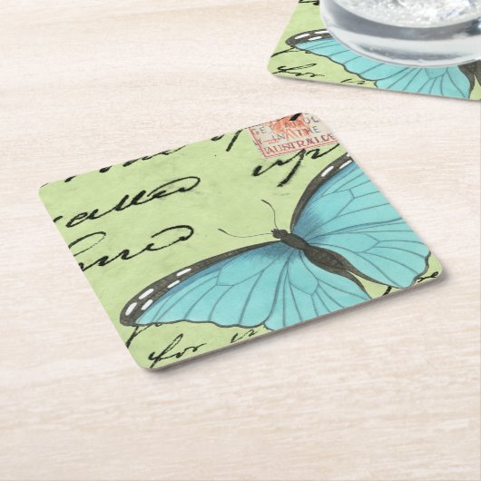 Blauwvleugelvlinder op Blauwgroen Briefkaart Kartonnen Onderzetters (Schuin)