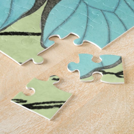 Blauwvleugelvlinder op Blauwgroen Briefkaart Legpuzzel (Zijkant)