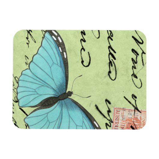 Blauwvleugelvlinder op Blauwgroen Briefkaart Magneet (Horizontaal)