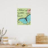 Blauwvleugelvlinder op Blauwgroen Briefkaart Poster (Keuken)