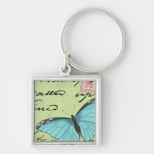 Blauwvleugelvlinder op Blauwgroen Briefkaart Sleutelhanger (Voorkant)