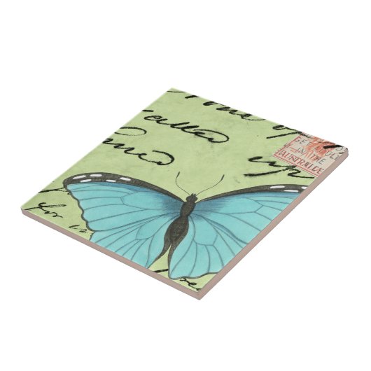 Blauwvleugelvlinder op Blauwgroen Briefkaart Tegeltje (Zijkant)