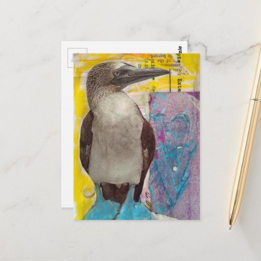 Blauwvoetige vogel mixed media collage briefkaart (Voorkant / Achterkant in situ)