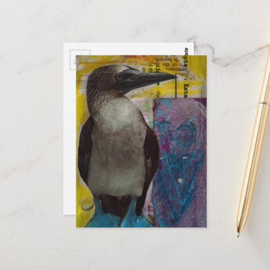 Blauwvoetige vogel mixed media collage briefkaart (Voorkant / Achterkant in situ)