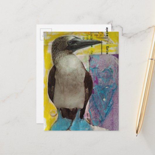 Blauwvoetige vogel mixed media collage briefkaart (Voorkant / Achterkant in situ)