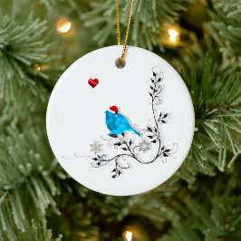 Blauwvogel en hart! keramisch ornament