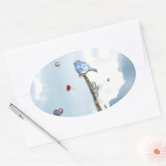 Blauwvogel en hart ovale sticker (Envelop)
