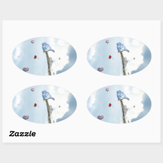 Blauwvogel en hart ovale sticker (Vel)