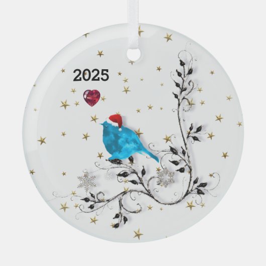 Blauwvogel- en hartenglazen sierbloem glas ornament (Voorkant)