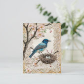 Blauwvogel in Bloesems met nest Feestdagenkaart (Staand voorkant)
