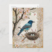 Blauwvogel in Bloesems met nest Feestdagenkaart (Voorkant / Achterkant)