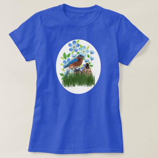 Blauwvogel in de bloemtuin/vogelruim t-shirt (Design voorkant)