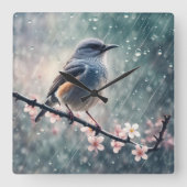 Blauwvogel in een regenachtig venster vierkante klok (Voorkant)