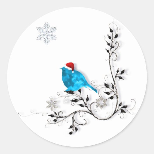 Blauwvogel in een Santa Hat. Ronde Sticker (Voorkant)