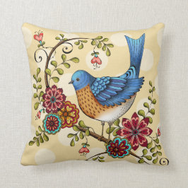 Blauwvogel met gele pokadots - Sierkussen