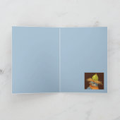 blauwvogel met pet van ganzenbes op kaart (Binnen)