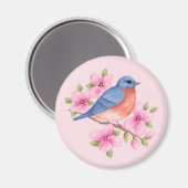 Blauwvogel met roze bloemen magneet (Voorkant / Achterkant)