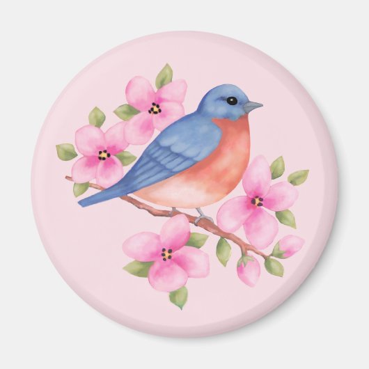 Blauwvogel met roze bloemen magneet (Voorkant)