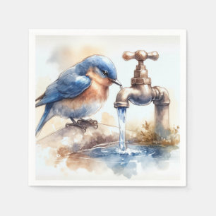 Blauwvogel met stromend water uit een kraan servet
