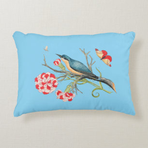 Blauwvogel op anjers, illustratie, accent kussen