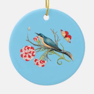 Blauwvogel op anjers, illustratie, keramisch ornament