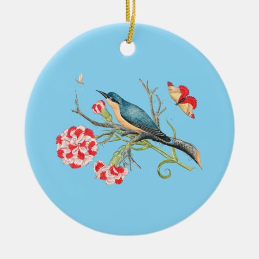 Blauwvogel op anjers, illustratie, keramisch ornament (Voorkant)