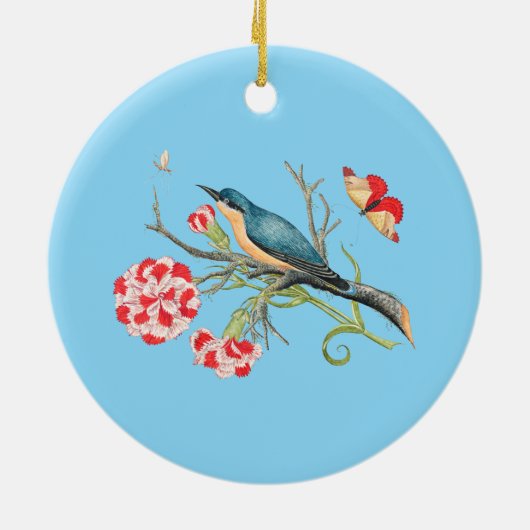 Blauwvogel op anjers,  illustratie, keramisch ornament (Achterkant)