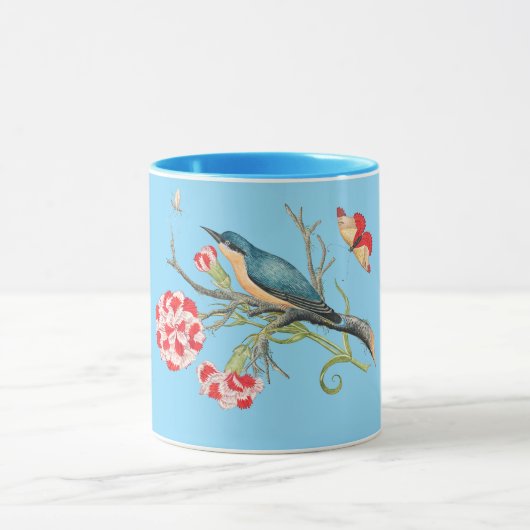 Blauwvogel op anjers, illustratie, mok (Midden)