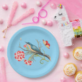 Blauwvogel op anjers,  illustratie, papieren bordje (Feest)