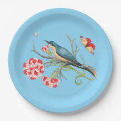 Blauwvogel op anjers,  illustratie, papieren bordje (Voorkant)