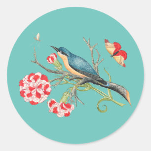 Blauwvogel op anjers,  illustratie, ronde sticker