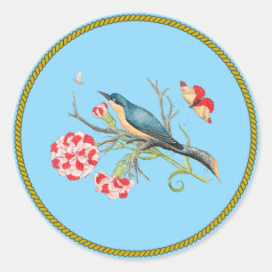 Blauwvogel op anjers,  illustratie, ronde sticker
