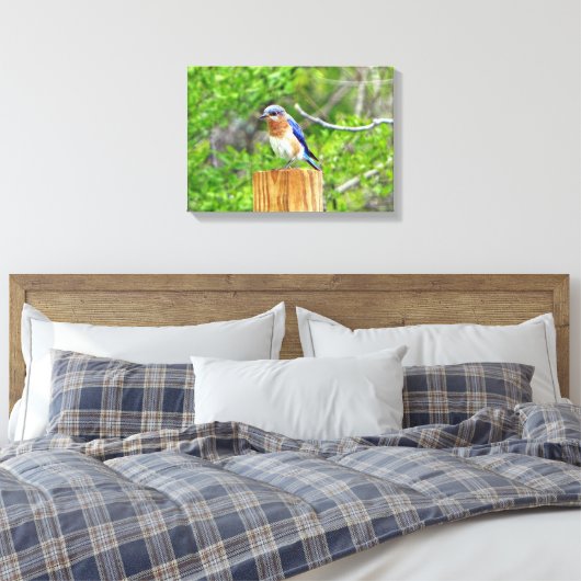 Blauwvogel op een omheining post canvas afdruk (Insitu (Slaapkamer))