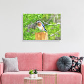 Blauwvogel op een omheining post canvas afdruk (Insitu (Woonkamer))