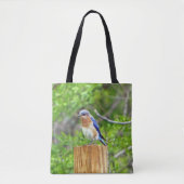 Blauwvogel op een omheining post tote bag (Voorkant)