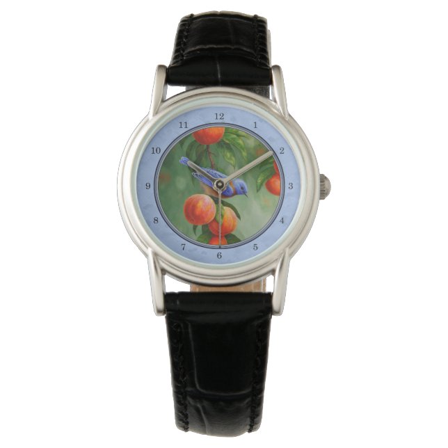 Blauwvogel op een Peach Tree Branch Blue Horloge (Voorkant)