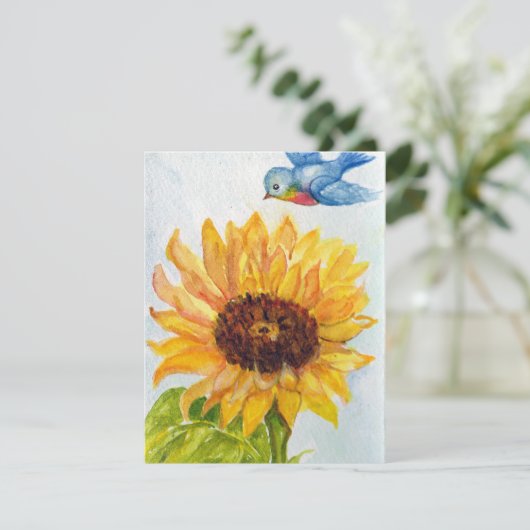 Blauwvogel van geluk met zonnebloem kaart (Staand voorkant)