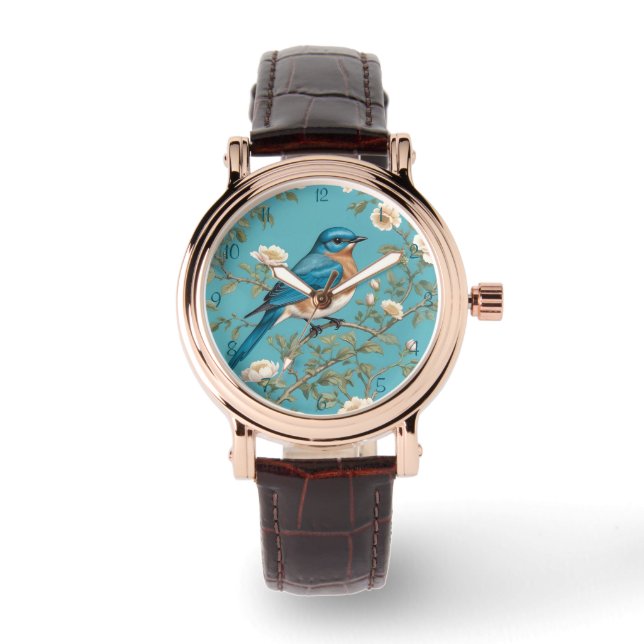 Blauwvogel William Morris geïnspireerd Turquois Horloge (Voorkant)