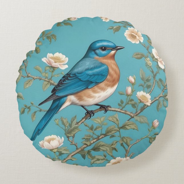 Blauwvogel William Morris geïnspireerd Turquois Rond Kussen (Voorkant)