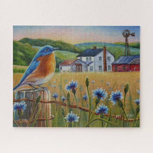 Blauwvogelkornbloemen Waterverf Boerderij Legpuzzel (Horizontaal)
