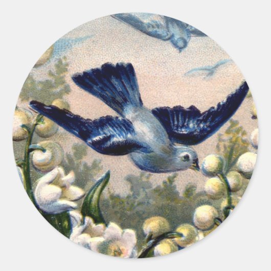  Blauwvogels Bloemen Lelie van de Vallei Vogels Ronde Sticker (Voorkant)