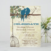 Blauwvogels die in een boombruiloft zitten uitnodi kaart (Staand voorkant)