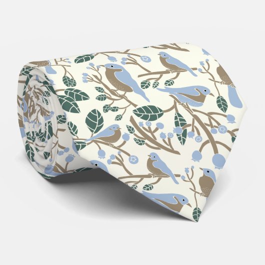 Blauwvogels en Blauwbessen Licht Blauw, Bruin, Cre Stropdas (Opgerold)