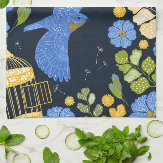 Blauwvogels en bloemen kunst theedoek (Gevouwen)