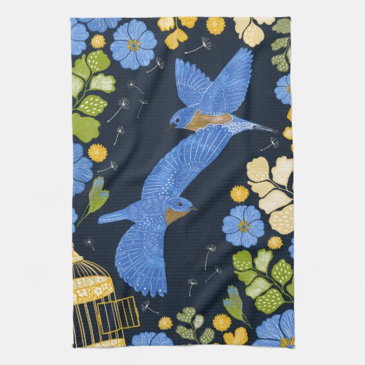 Blauwvogels en bloemen kunst theedoek (Verticaal)