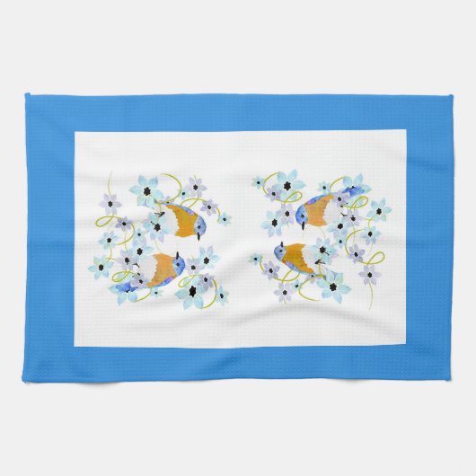 Blauwvogels en bloemen waterverf theedoek (Horizontaal)