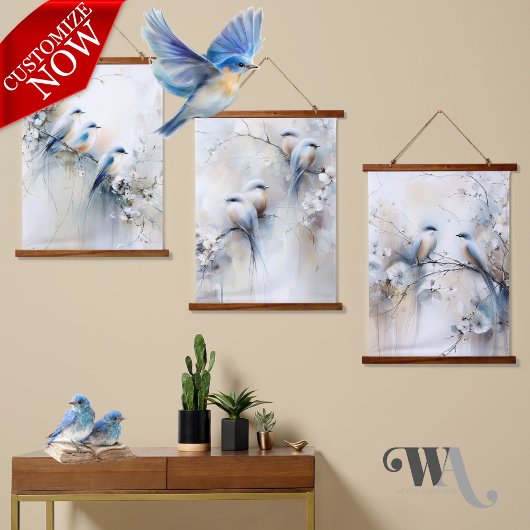 Blauwvogels en bloesems hangend wandkleed