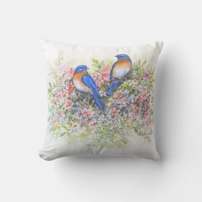 Blauwvogels en bloesems Pillow Kussen (Voorkant)