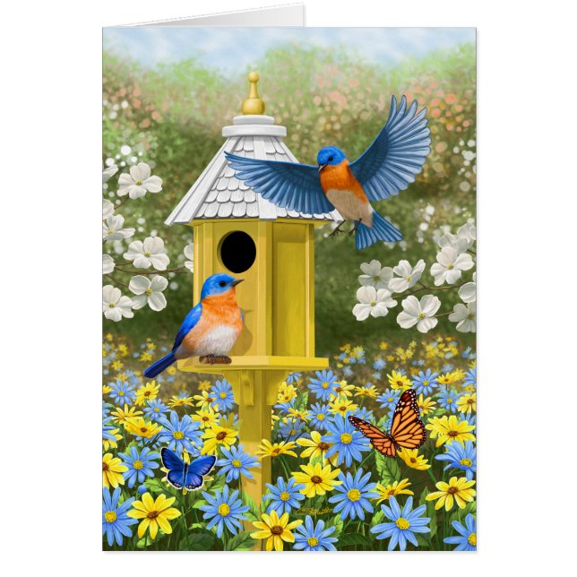 Blauwvogels en Hexagon Birdhouse Blue (Voorkant)