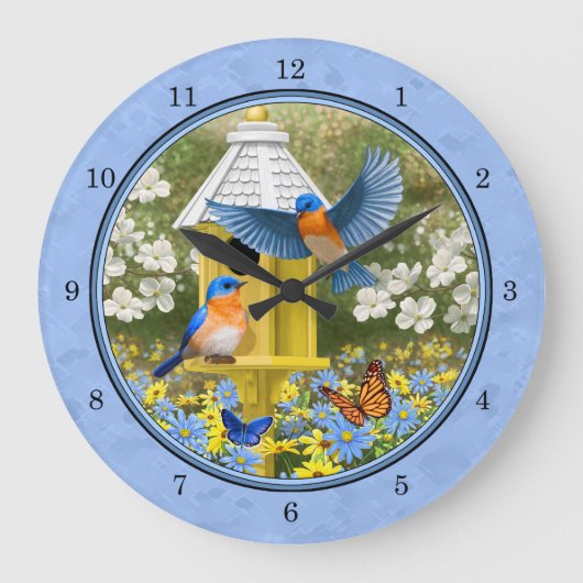 Blauwvogels en Hexagon Birdhouse Blue Grote Klok (Voorkant)